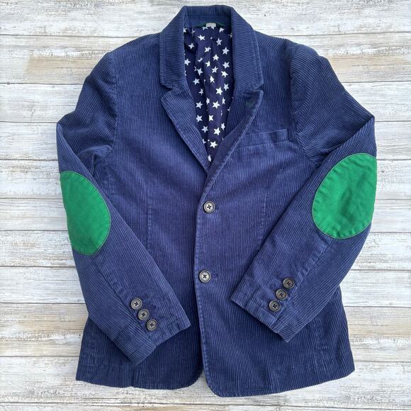 Mini Boden Corduroy Jacket Blazer Boys Sz 11-12 Navy Blue Elbow Patch 2 Button - Picture 1 of 10